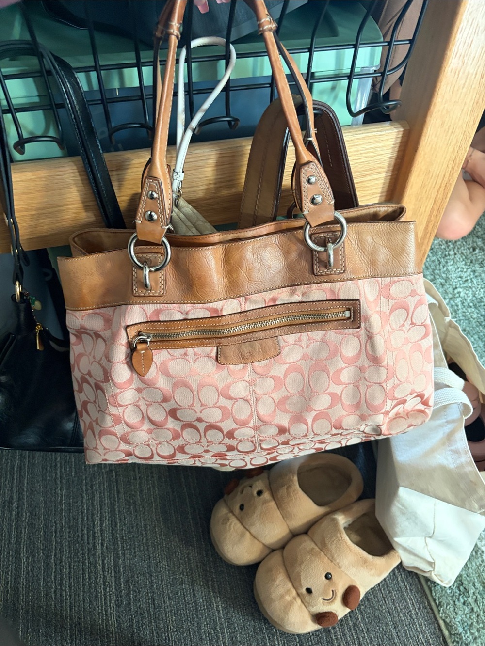 Coach Pink Signature Canvas Tote with Tan Leather Trim and Front Zip